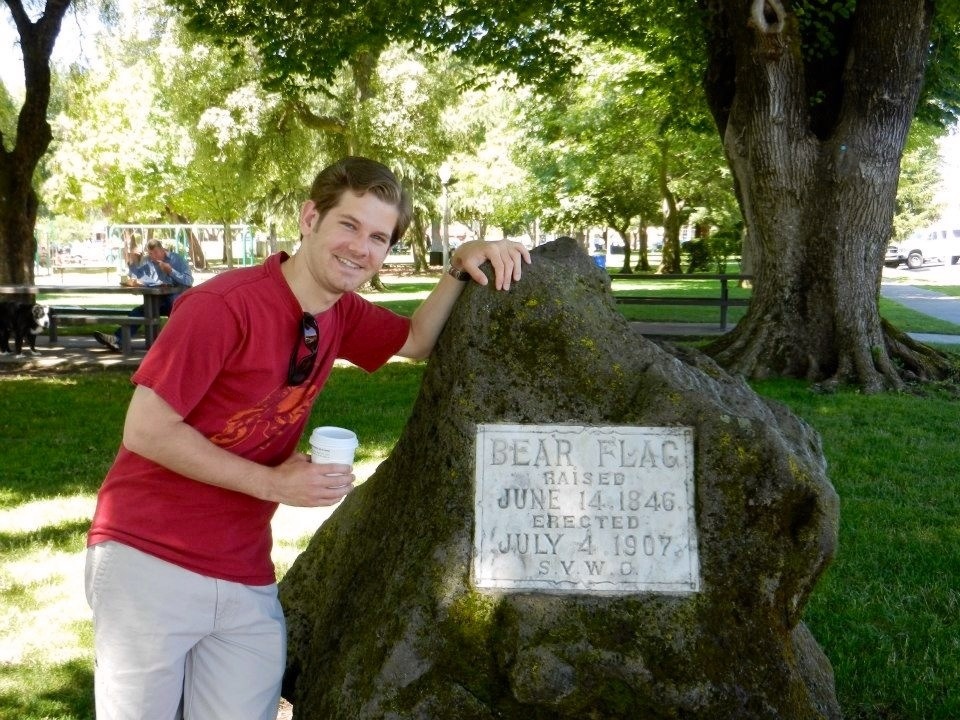 dan, geeking out at the rock commemorating the bear flag revolt