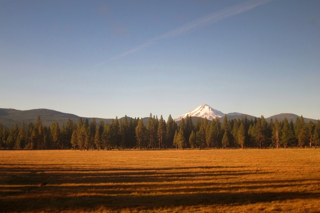 view of mount shasta in northern california from the coast starlight