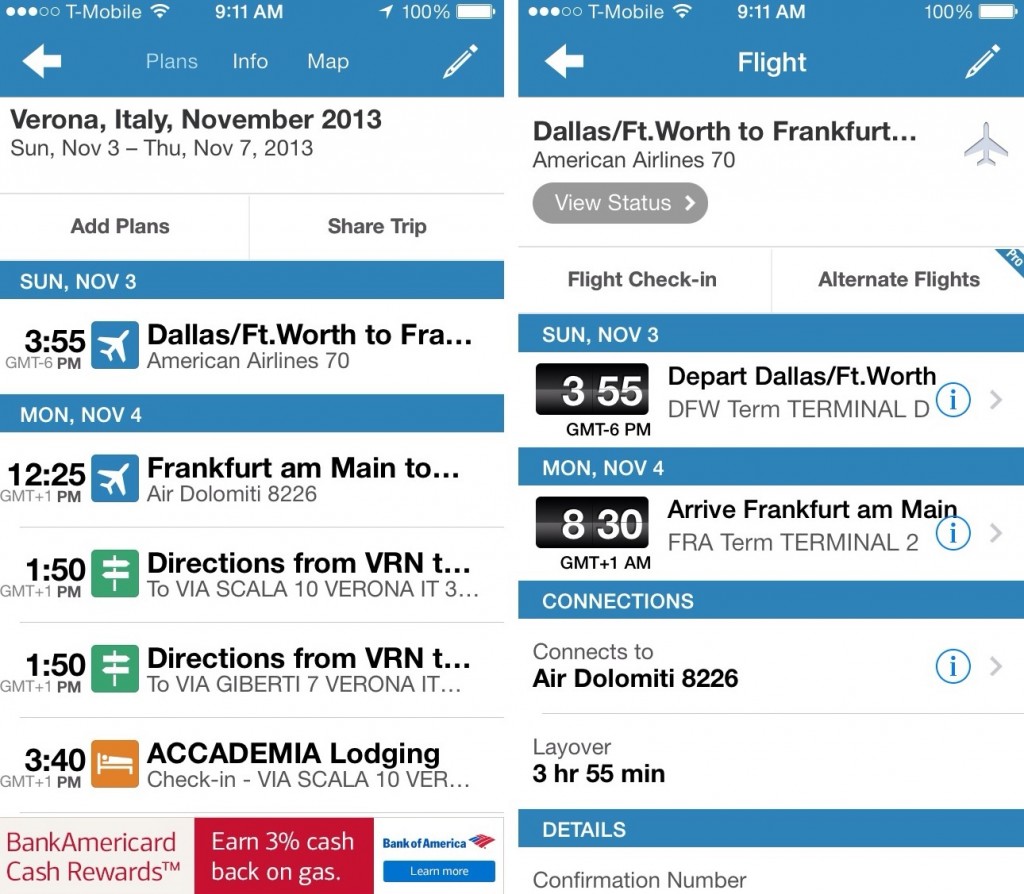 the easy-to-read itinerary front page, with the more detailed information page. scroll down on both for confirmation numbers, customer service lines, frequent flyer miles, etc.