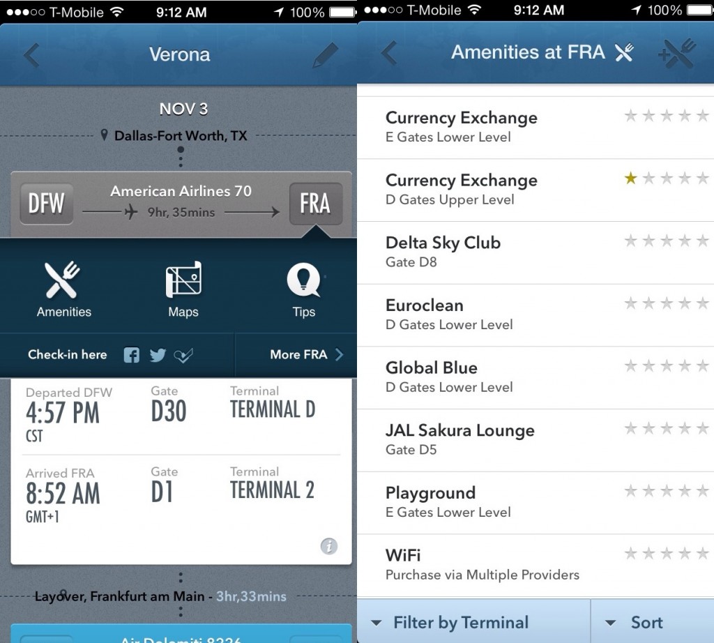 the gate guru app home page, and more detailed page with amenities in the frankfurt airport