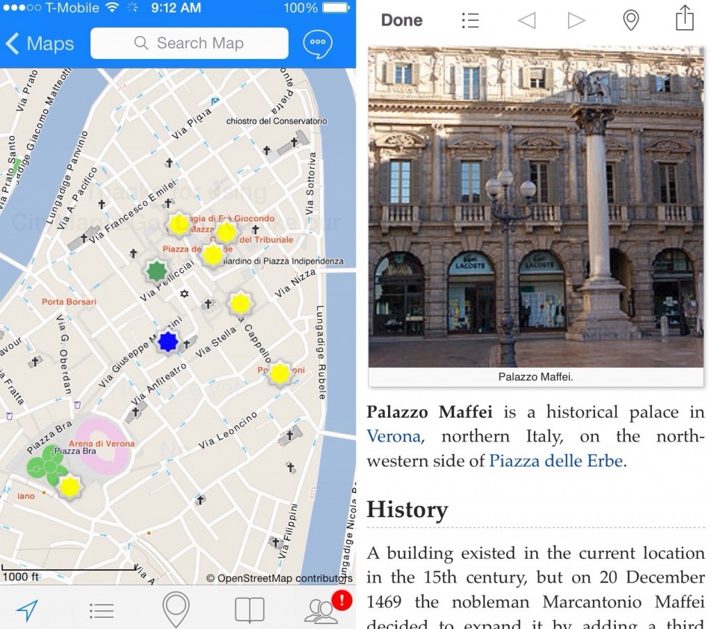 the downloaded map of verona, pinned with my must-see tourist sites (yellow), my hotel (blue), and a restaurant at which i had reservations (green), along with the wikipedia page for one of the tourist sites (see photo at top of post)