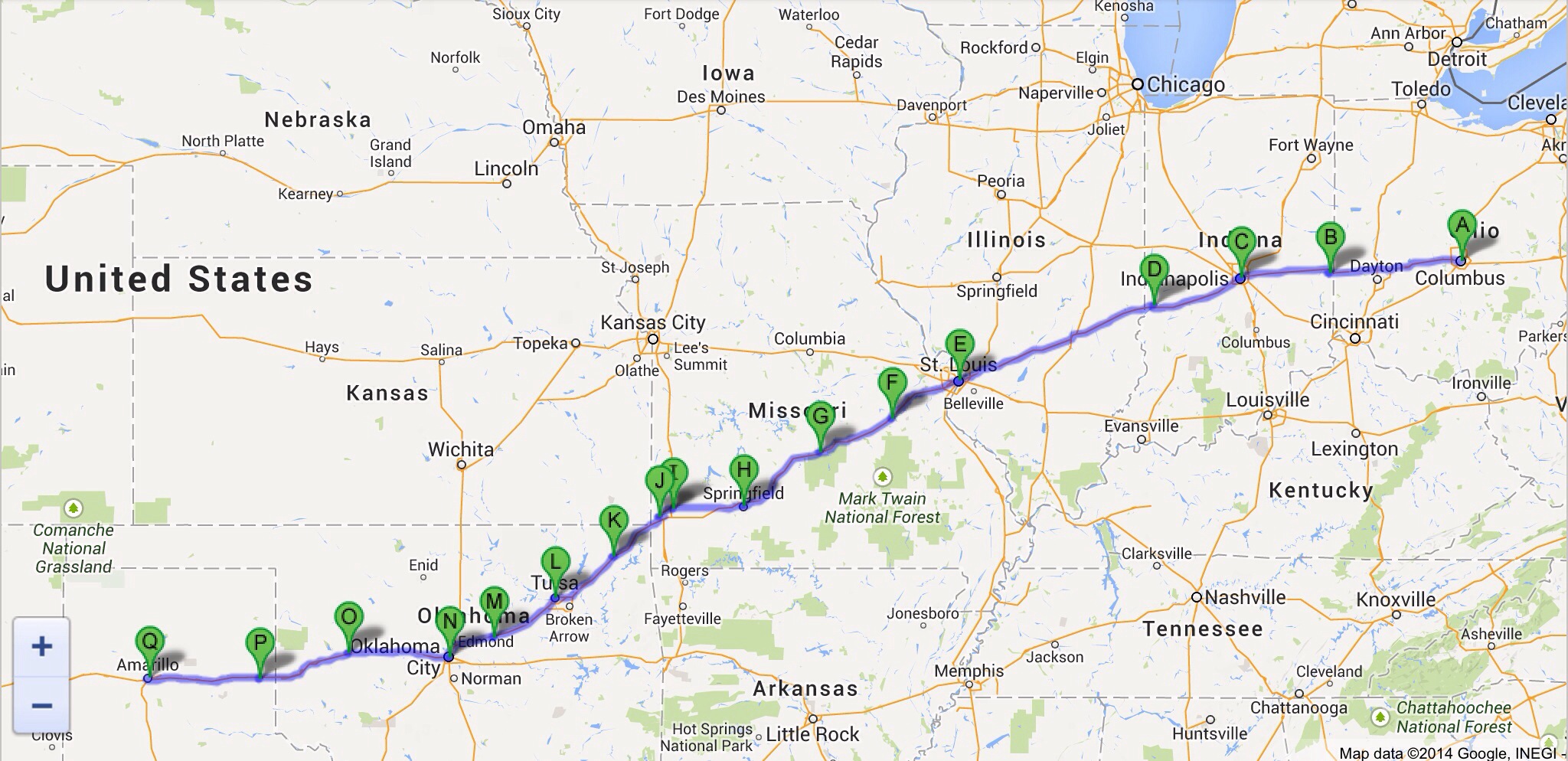 miss cleo's route from ohio to texas (as depicted on google maps)