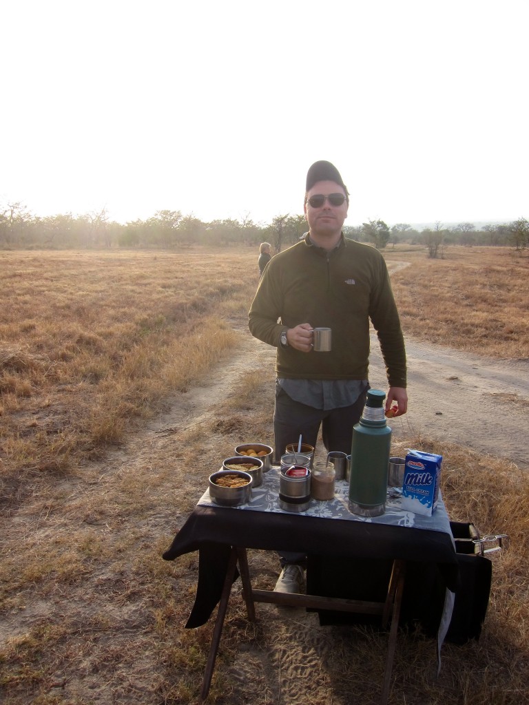 my husband stopping for morning coffee in the middle of the bush - not much protection here from a lion.