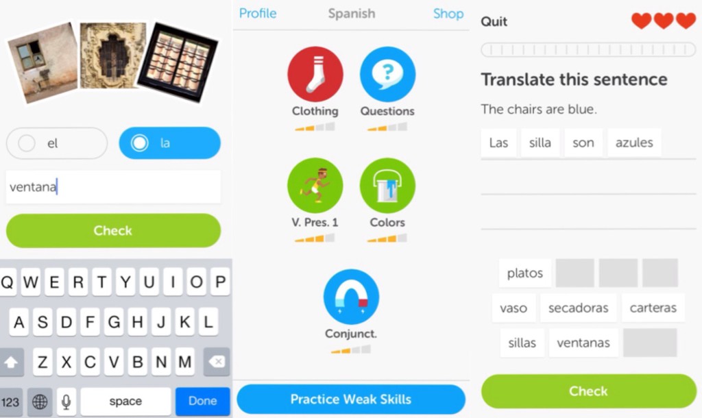 a few scenes from the easy-to-use duolingo app