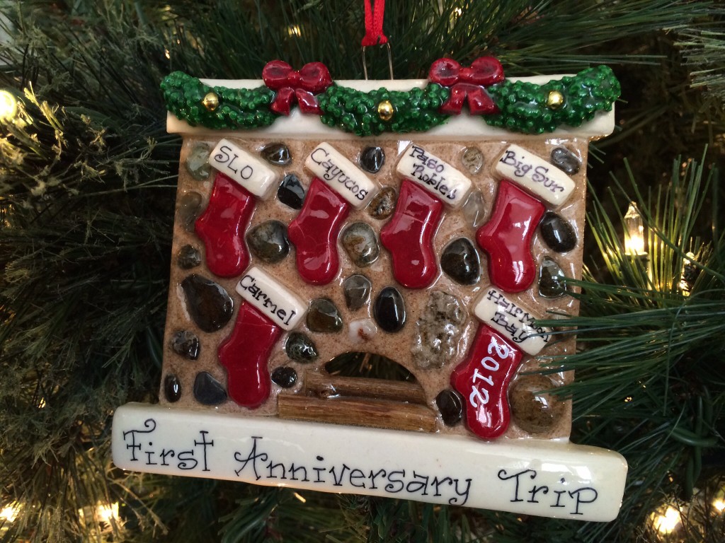 i love this ornament! it includes all (ok, most) of the places we visited on our first anniversary road trip: san luis obispo (SLO), cayucos, paso robles, big sur, carmel, and half moon bay.