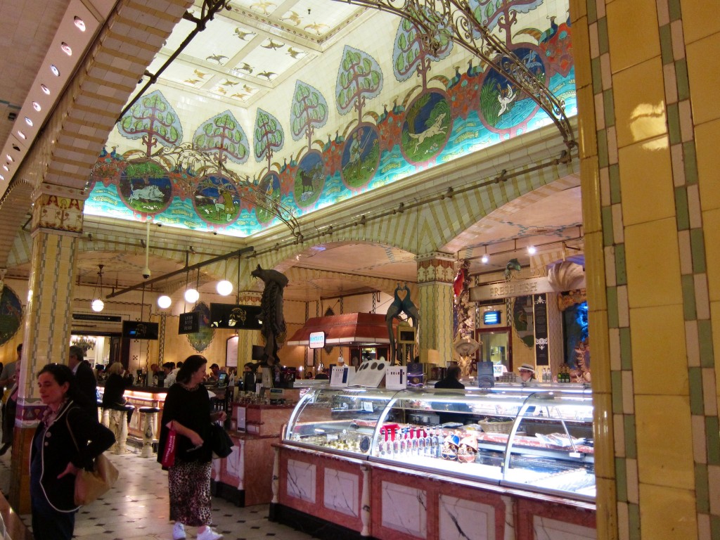 the sea market at harrods - fish, caviar, and an oyster bar in the back.